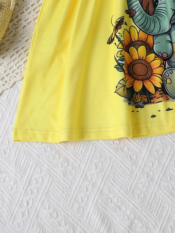 Girls Round Neck Short Sleeve Fresh And Cute Elephant Butterfly Flower Print Dress