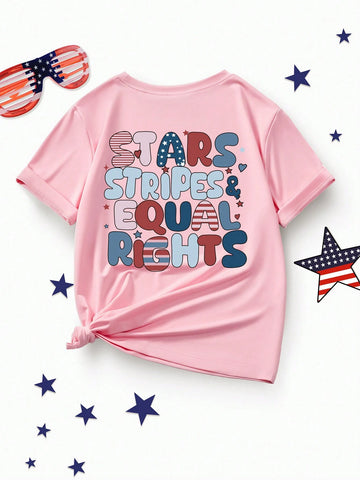 Girls' Round Neck T-Shirt With Independence Day Letter Print, Casual Kids' Clothing