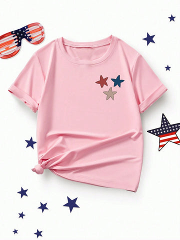 Girls' Round Neck T-Shirt With Independence Day Letter Print, Casual Kids' Clothing