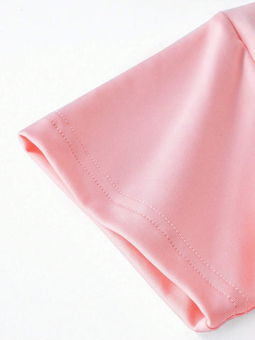 Girls' Round Neck T-Shirt With Independence Day Letter Print, Casual Kids' Clothing