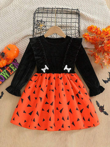 Girls Ruffle Collar Long Sleeve Top And Halloween Skeleton Patchwork Waist Casual Dress, Suitable For Casual Party And Halloween