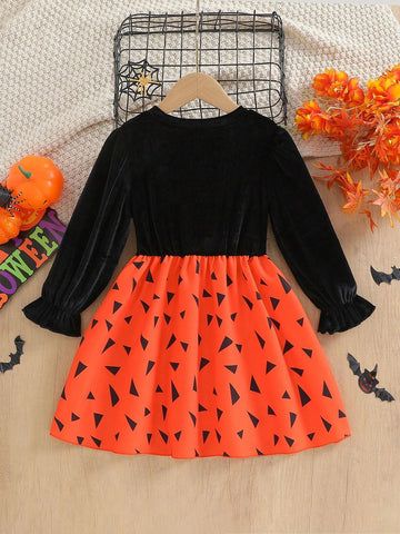 Girls Ruffle Collar Long Sleeve Top And Halloween Skeleton Patchwork Waist Casual Dress, Suitable For Casual Party And Halloween