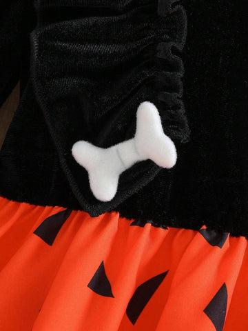 Girls Ruffle Collar Long Sleeve Top And Halloween Skeleton Patchwork Waist Casual Dress, Suitable For Casual Party And Halloween