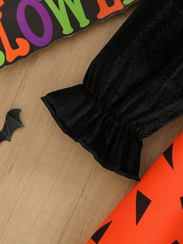 Girls Ruffle Collar Long Sleeve Top And Halloween Skeleton Patchwork Waist Casual Dress, Suitable For Casual Party And Halloween