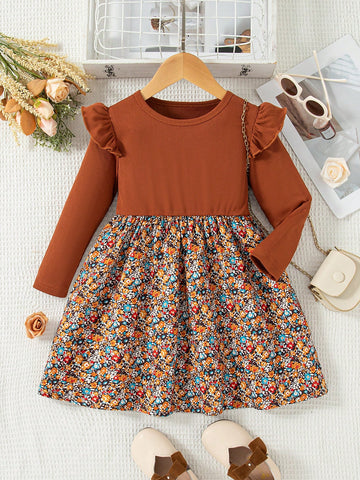 Girls Ruffle Detail Long Sleeve Top & Floral Printed Dress Set, For Outdoor