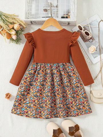 Girls Ruffle Detail Long Sleeve Top & Floral Printed Dress Set, For Outdoor
