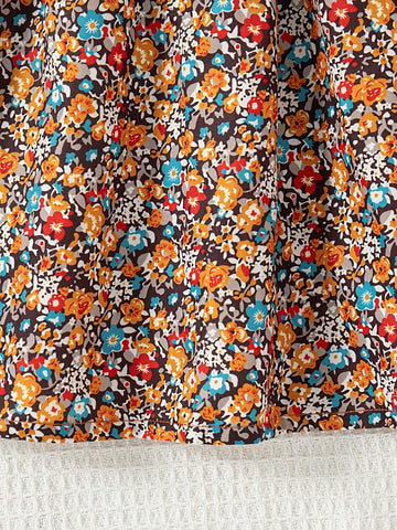 Girls Ruffle Detail Long Sleeve Top & Floral Printed Dress Set, For Outdoor