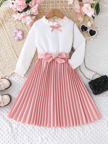 Girls' Ruffle Hem Long Sleeve Pleated Dress, Elegant For Formal Occasions, Spring & Autumn