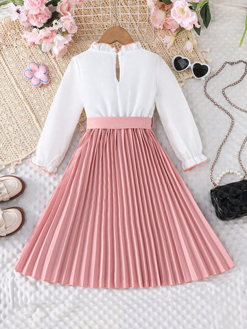 Girls' Ruffle Hem Long Sleeve Pleated Dress, Elegant For Formal Occasions, Spring & Autumn