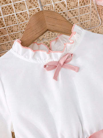 Girls' Ruffle Hem Long Sleeve Pleated Dress, Elegant For Formal Occasions, Spring & Autumn