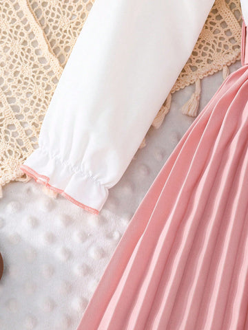 Girls' Ruffle Hem Long Sleeve Pleated Dress, Elegant For Formal Occasions, Spring & Autumn