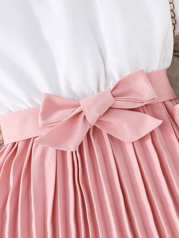 Girls' Ruffle Hem Long Sleeve Pleated Dress, Elegant For Formal Occasions, Spring & Autumn