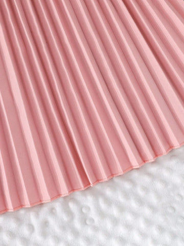 Girls' Ruffle Hem Long Sleeve Pleated Dress, Elegant For Formal Occasions, Spring & Autumn