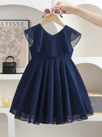 Girls' Ruffle V-Neck Comfortable Chiffon Dress, Suitable For Everyday Wear And Vacation, Summer