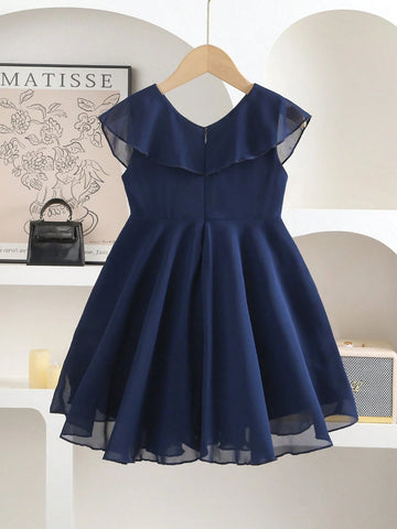 Girls' Ruffle V-Neck Comfortable Chiffon Dress, Suitable For Everyday Wear And Vacation, Summer