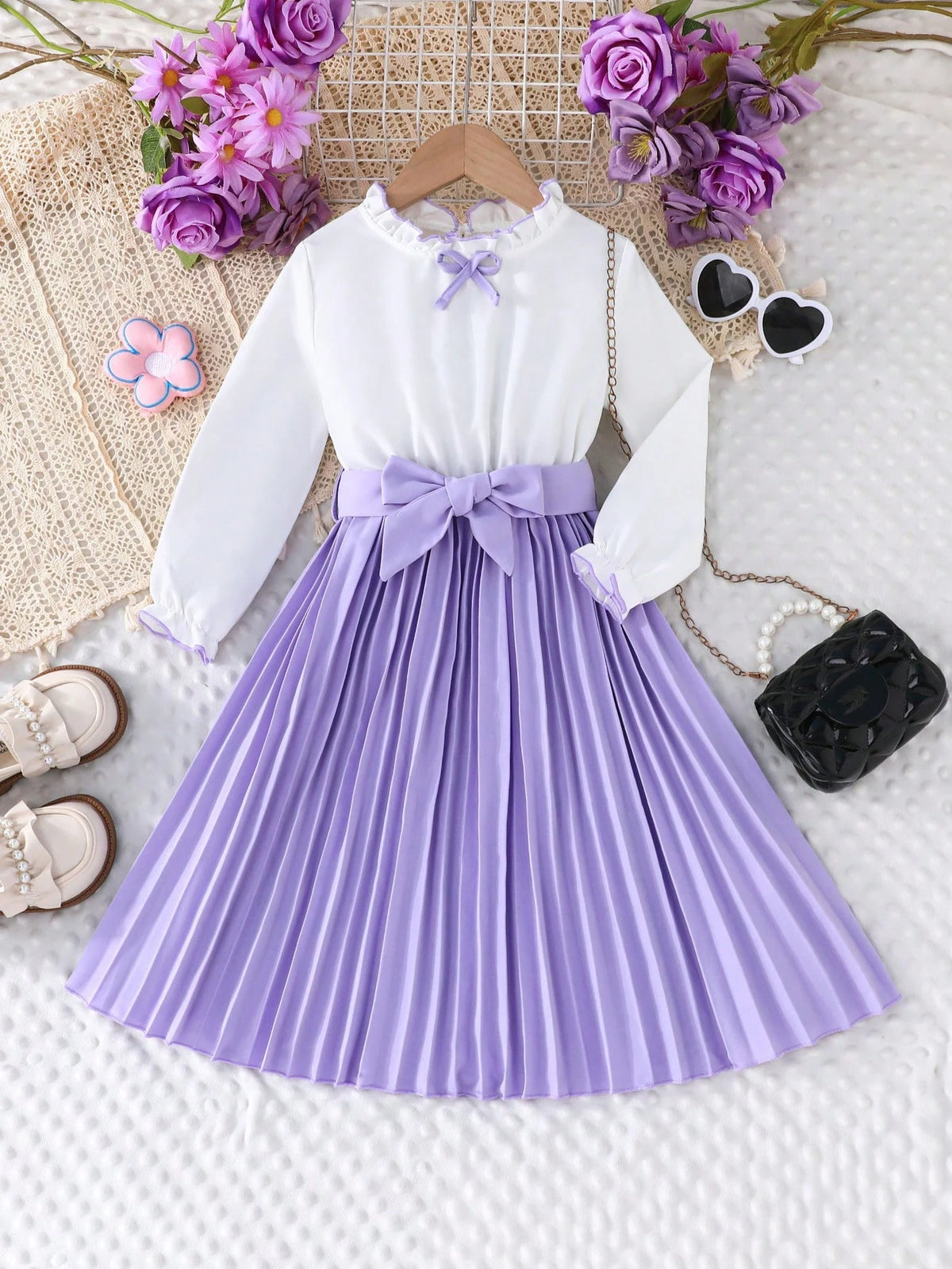 Girls Ruffled Long Sleeve Pleated Dress, Elegant For Formal Occasions