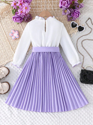 Girls Ruffled Long Sleeve Pleated Dress, Elegant For Formal Occasions