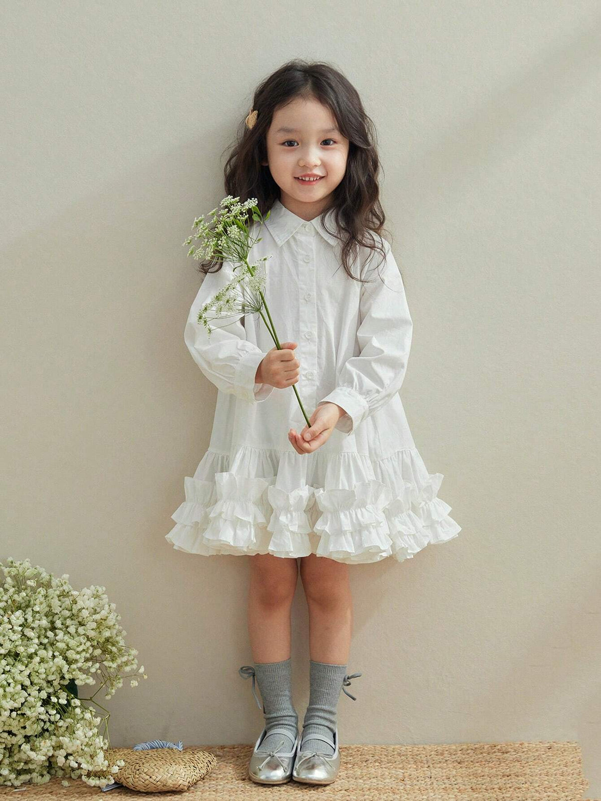 Girls Ruffled Pleated Shirt Dress, White Long Sleeve Flared A-Line Cake Hem Dress