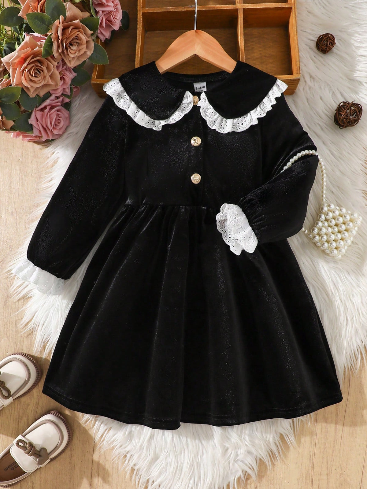 Girls Ruffled Trim Velvet Long Sleeve Dress, Suitable For Spring & Autumn