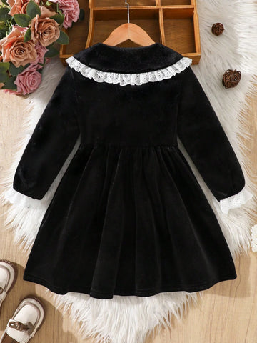 Girls Ruffled Trim Velvet Long Sleeve Dress, Suitable For Spring & Autumn