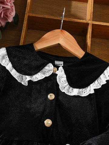 Girls Ruffled Trim Velvet Long Sleeve Dress, Suitable For Spring & Autumn