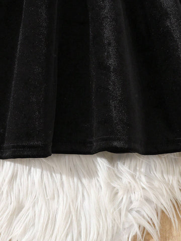 Girls Ruffled Trim Velvet Long Sleeve Dress, Suitable For Spring & Autumn