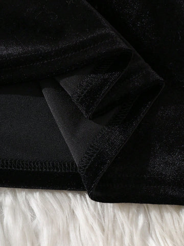 Girls Ruffled Trim Velvet Long Sleeve Dress, Suitable For Spring & Autumn