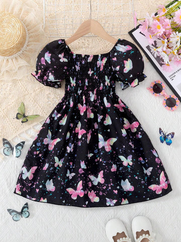 Girls (S) Navy Blue Puff Sleeve Cute & Gentle Butterfly Pattern Princess Party Dress, Summer