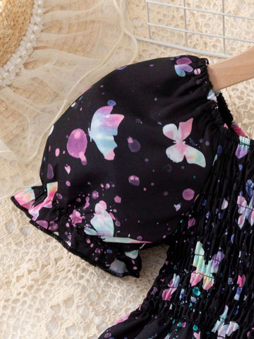 Girls (S) Navy Blue Puff Sleeve Cute & Gentle Butterfly Pattern Princess Party Dress, Summer
