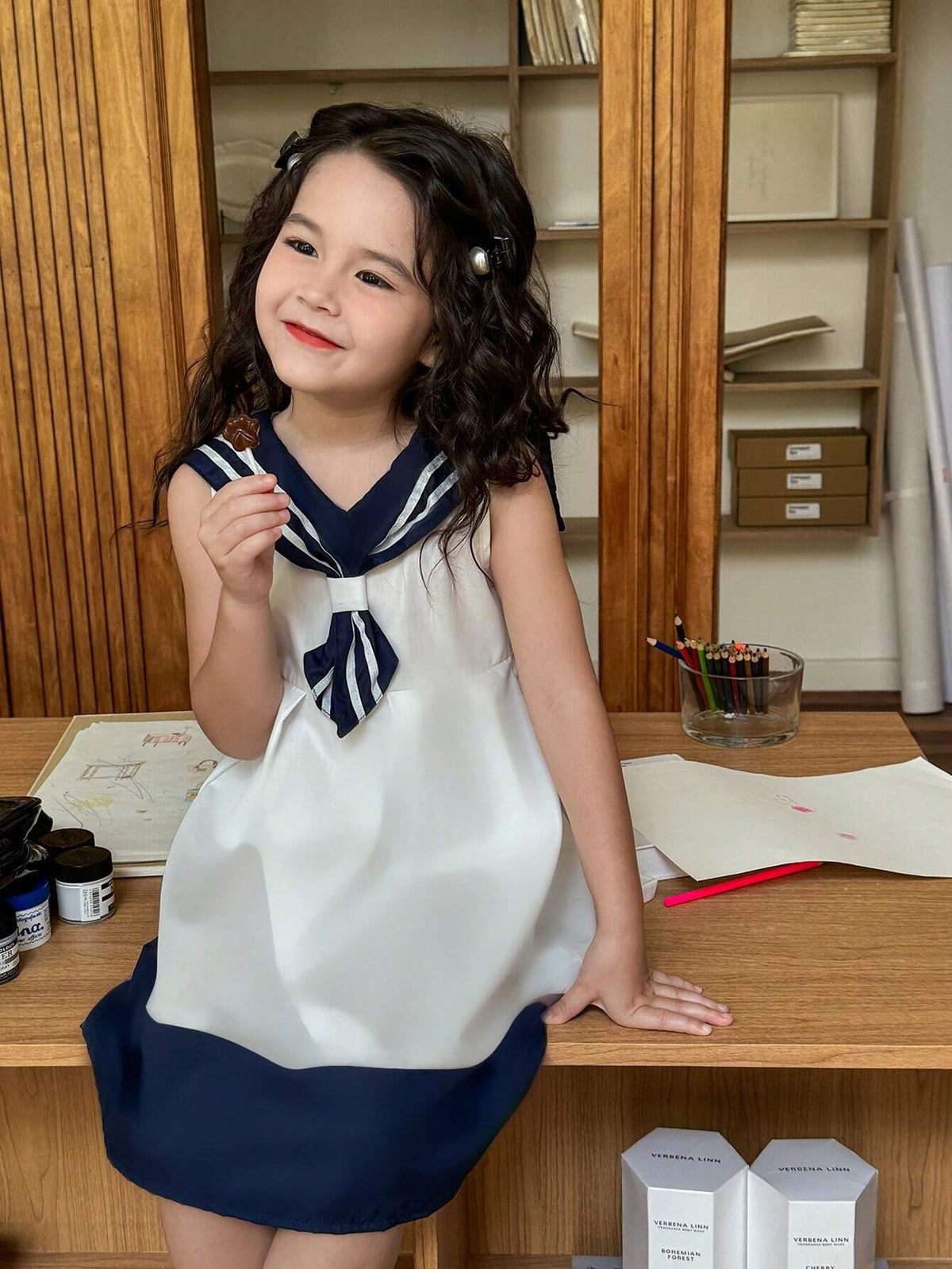 Girls' Sailor Collar Casual Dress, Blue And White Color Blocked, Academy Style