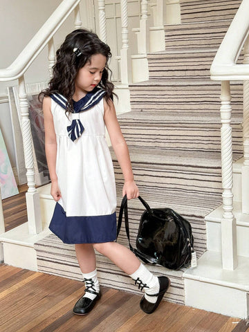 Girls' Sailor Collar Casual Dress, Blue And White Color Blocked, Academy Style