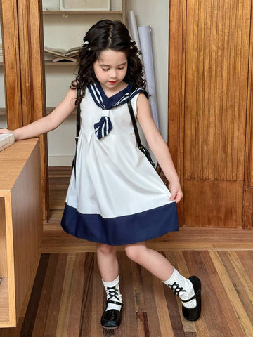 Girls' Sailor Collar Casual Dress, Blue And White Color Blocked, Academy Style