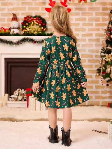 Girls' Santa Claus Print Knit Long Sleeve One-Piece Dress With Ribbed Hem, Suitable For Christmas & Winter Season
