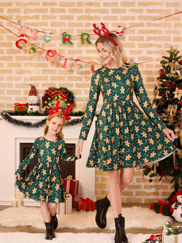 Girls' Santa Claus Print Knit Long Sleeve One-Piece Dress With Ribbed Hem, Suitable For Christmas & Winter Season