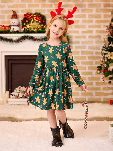Girls' Santa Claus Print Knit Long Sleeve One-Piece Dress With Ribbed Hem, Suitable For Christmas & Winter Season
