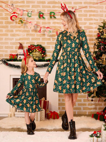 Girls' Santa Claus Print Knit Long Sleeve One-Piece Dress With Ribbed Hem, Suitable For Christmas & Winter Season