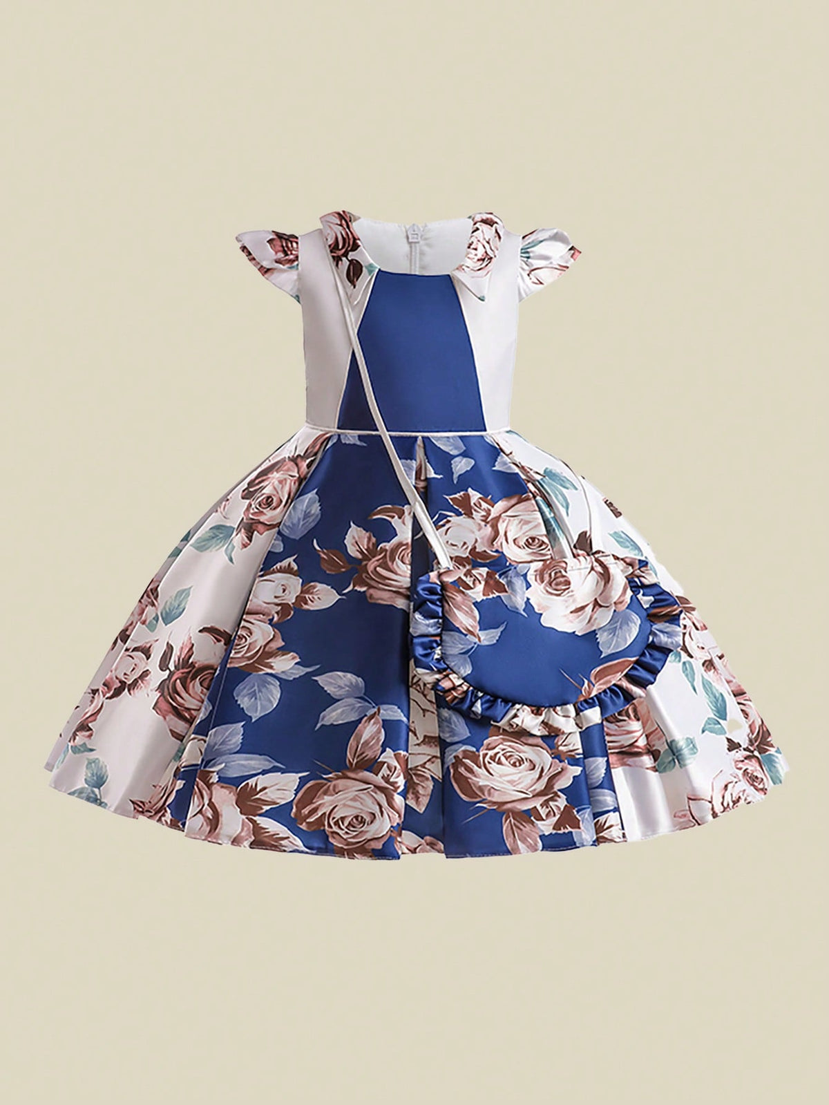 Girls' Satin Flower Pattern Decorated Dress, Elegant And Formal Dress With Gift Bag, Random Cutting Of Fabric Flowers