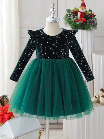 Girls' Sequin Mesh Princess Dress, Autumn Winter Children Tulle Puffy Party Dresses, Young Girl Elegant Formal Dresses