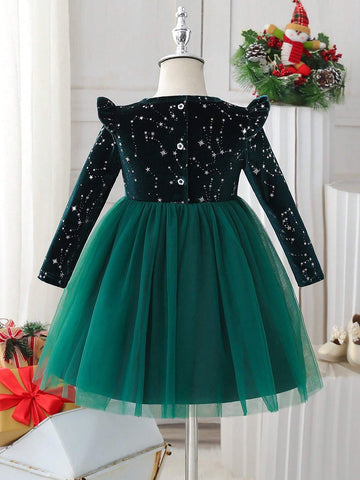 Girls' Sequin Mesh Princess Dress, Autumn Winter Children Tulle Puffy Party Dresses, Young Girl Elegant Formal Dresses