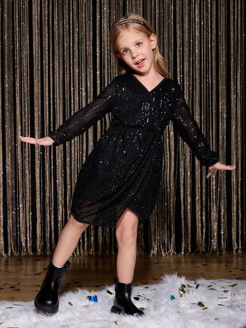 Girls Sequined V-Neck Waisted Asymmetrical Hem A-Line Short Dress