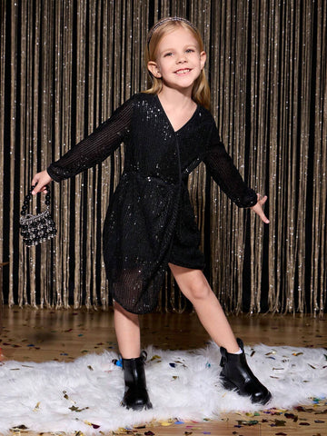 Girls Sequined V-Neck Waisted Asymmetrical Hem A-Line Short Dress
