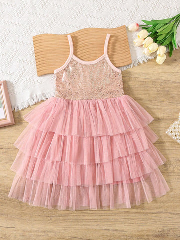 Girls Sequins Spaghetti Strap Layered Net Tulle Princess Cake Dress, Flower Girl Formal Dress