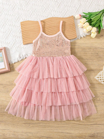 Girls Sequins Spaghetti Strap Layered Net Tulle Princess Cake Dress, Flower Girl Formal Dress
