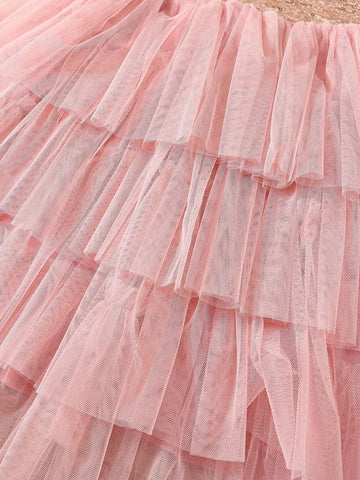 Girls Sequins Spaghetti Strap Layered Net Tulle Princess Cake Dress, Flower Girl Formal Dress