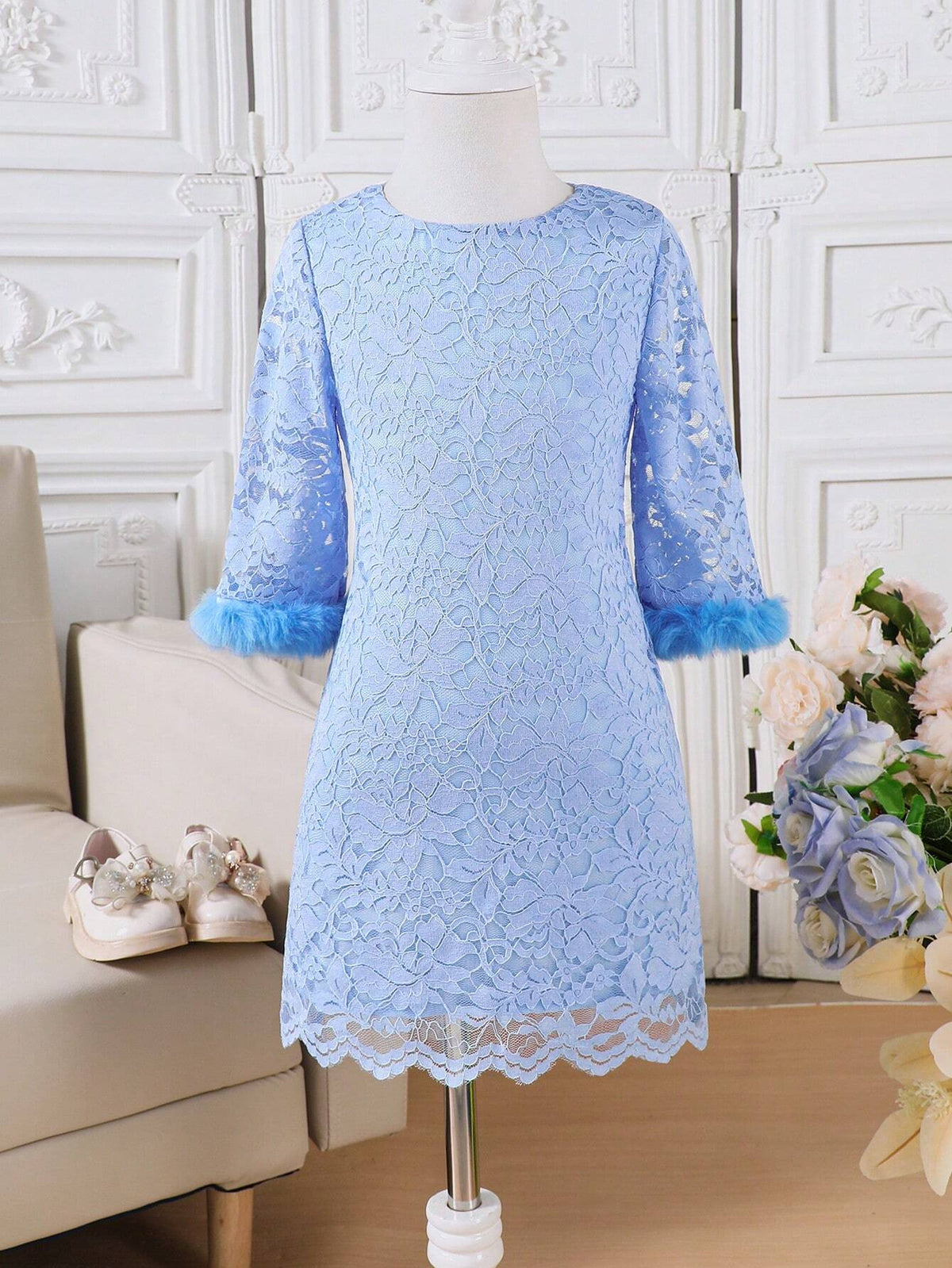 Girls Seven-Eighth Sleeve Spliced Fuzzy Fabric Crew Neck Fitted Lace Layer Dress, Elegant Style For Autumn/Winter