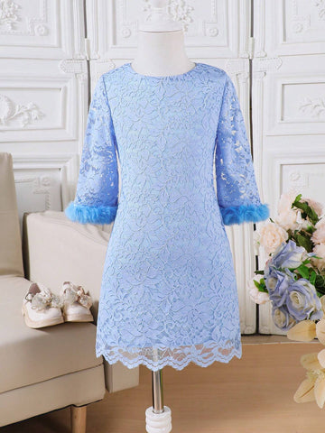 Girls Seven-Eighth Sleeve Spliced Fuzzy Fabric Crew Neck Fitted Lace Layer Dress, Elegant Style For Autumn/Winter