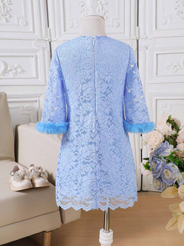 Girls Seven-Eighth Sleeve Spliced Fuzzy Fabric Crew Neck Fitted Lace Layer Dress, Elegant Style For Autumn/Winter