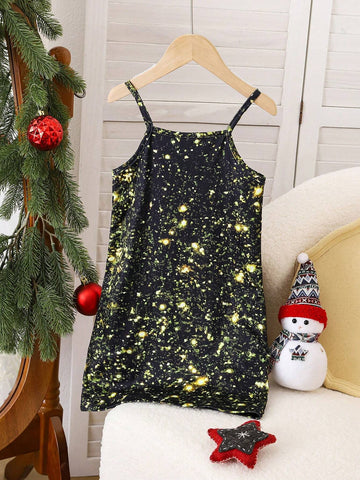 Girls Shiny Printed Christmas Hat Decor Cami Bodycon Dress, Fashionable Trendy Outfit For Christmas Holiday