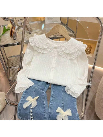 Girls" Shirt Baby Long Sleeve 2024 Spring Children Double-Layer Doll Collar Shirt Girl Top Princess Blouse