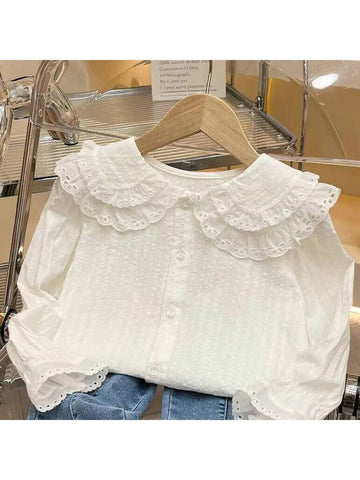 Girls" Shirt Baby Long Sleeve 2024 Spring Children Double-Layer Doll Collar Shirt Girl Top Princess Blouse